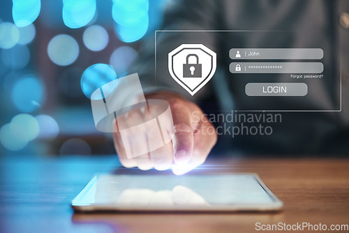 Image of Security, login and hand on tablet for password with hologram of safety lock for network, information or data protection. Person with technology for privacy, cybersecurity or gdpr and global shield