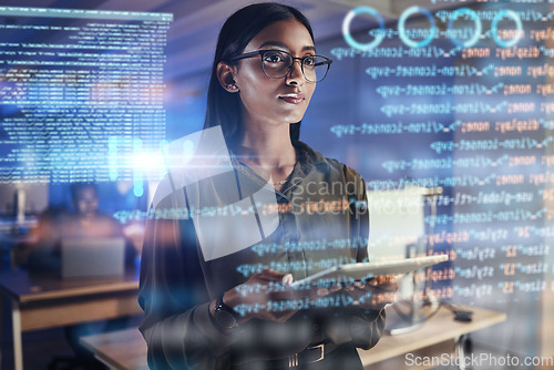 Image of Tablet, code hologram and business woman in data analysis, digital technology or software overlay for gdpr. Programmer, person thinking and 3d screen, programming statistics or cybersecurity research