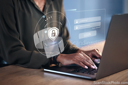 Image of Hands, woman on laptop and hologram for login, cyber security software or code. IT, typing and programmer with keyboard, lock overlay and cryptography for data safety, protection and ui on computer.