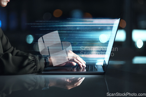 Image of Computer, screen hologram and person coding, software development or programming script in cybersecurity. Night, laptop research and programmer or IT people on html code, expansion or 3d data in dark