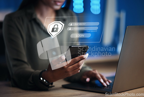 Image of Woman, phone and security for username, password or encryption on office desk at workplace. Hands of female person with Lock Screen hud for login access, verification or identification on smartphone