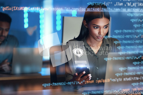 Image of Laptop, phone and hologram of woman for data protection, safety software development or cybersecurity programming. Night, mobile research and programmer or person on computer, lock and gdpr overlay
