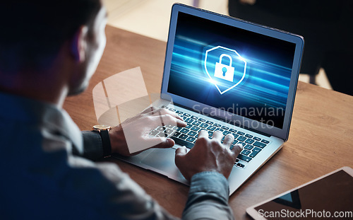 Image of Laptop screen, data protection and man hands for cyber security, software password and coding or system safety. Cybersecurity, lock icon and business person or programmer on computer, login and gdpr