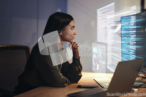 Image of Programmer, code and woman with focus, hologram and digital software with cyber security, futuristic and online reading. Female person, programming or employee with data analysis, research and laptop