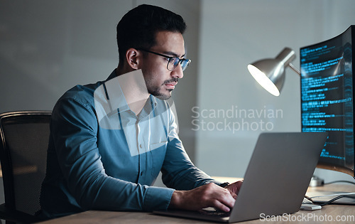 Image of Laptop, screen and business man for coding, software development and programming script in cybersecurity. Night, computer research and programmer or IT person with html code, system or data analysis