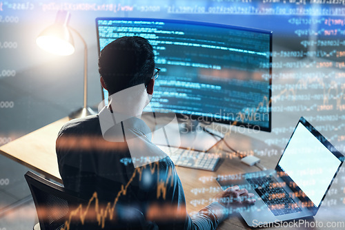 Image of Programmer, code and man with hologram, technology and digital software with cyber security, futuristic or server. Male person, typing or programming with data analysis, pc or research with analytics