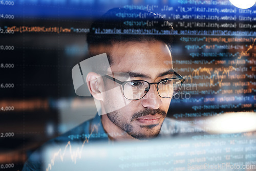 Image of Asian man, face and programming at night with code overlay or dashboard in malware or software at office. Male person, coder or programmer working late in development, problem solving or algorithm