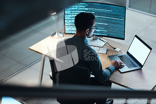 Image of Man, programmer and coding at night on laptop mockup screen for networking, malware or software at the office. Male person, coder or developer working late in computer display in problem solving