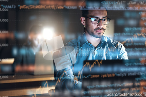 Image of Programmer, code and man with focus, holographic and digital software with cyber security, future and trading. Male person, investor and employee with research, night and investment with stock market