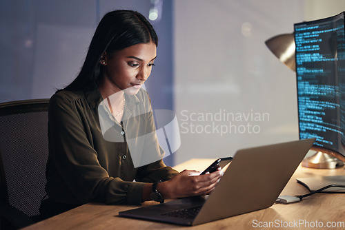 Image of Laptop, phone and business woman on coding, software development and programming script for cybersecurity. Night, mobile research and multimedia programmer or IT person on computer with data analysis