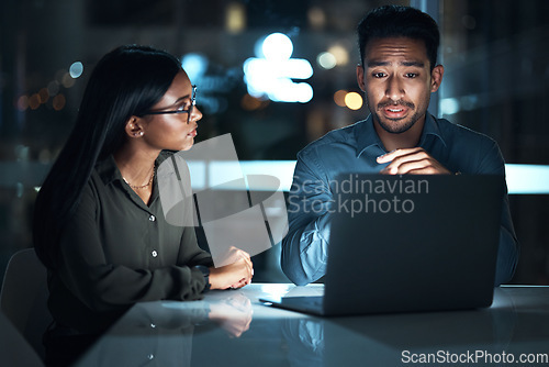 Image of Laptop, planning and business people at night, software development and programming solution in cybersecurity. Coding, computer and teamwork programmer or IT woman and manager for system update ideas