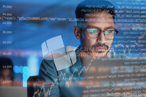 Image of Computer, coding hologram and business man in data analysis, code html or software overlay at night. Programmer or person in glasses or screen reflection, programming stats and cybersecurity research