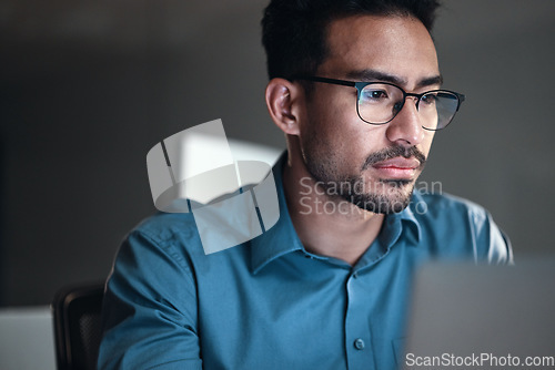 Image of Computer, research and business man or programmer for software development, programming or cybersecurity. Reading, glasses and focus of IT person with data analysis, system upgrade and coding online