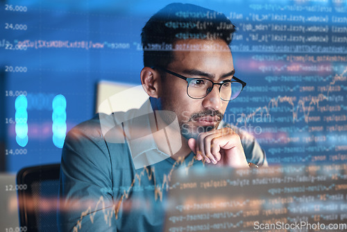 Image of Computer, code hologram and man thinking of data analysis, night cybersecurity and software coding overlay. Programmer or person in glasses reading html script, programming or cybersecurity research