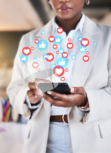 Image of Notification, phone and business woman on social media networking as communication with overlay or graphic like. Digital, heart emoji and employee or worker texting on a mobile app, website or web