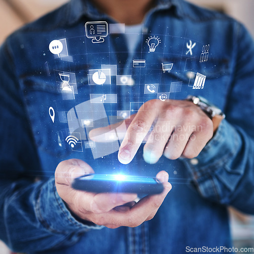 Image of Phone in hand, hologram and overlay with futuristic icons, data safety or software developer with mobile app, technology and innovation. Ux, cyber security or digital transformation on smartphone