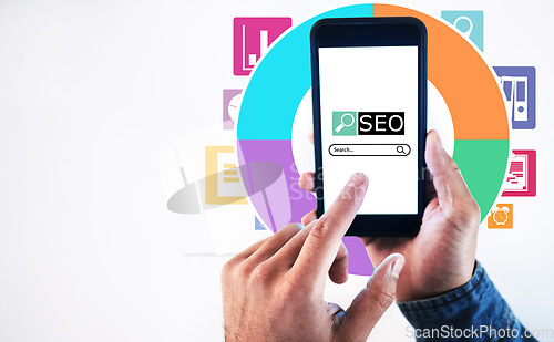 Image of Seo, search bar and internet with phone screen and hands of person for website, social media and technology. Mockup, digital and app closeup of mobile user on white background for online and network