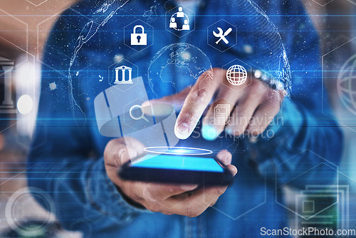 Image of Phone in hand, lock and cybersecurity overlay to show futuristic hologram, data safety or software developer with mobile app, technology and innovation. Ux, cyber security and future of fintech