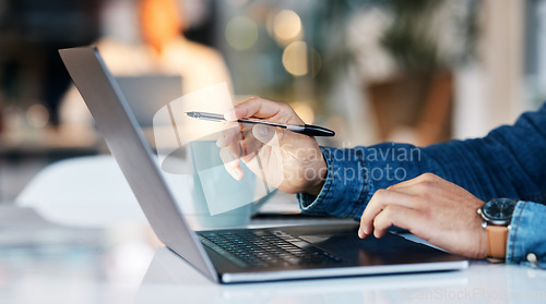 Image of Laptop, schedule and hands of a planner writing on a website, project or planning a strategy for a company. Search, internet and personal assistant typing or working a report, email and in an office