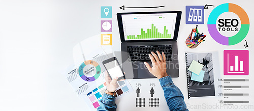 Image of Laptop, seo infographic and person working with statistics and data analysis on mobile app for planning business or startup. Smartphone, businessman and overlay of market research or information