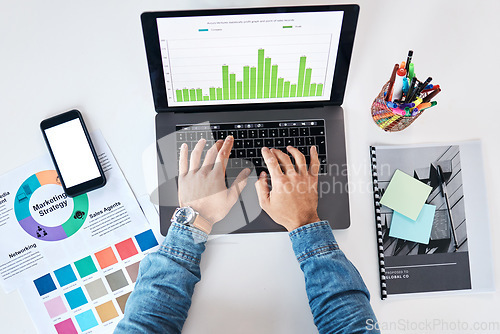 Image of Laptop, statistics and person working on market research, strategy or planning for business, startup or data analysis of company. Typing, computer and businessman with chart, graphs and information