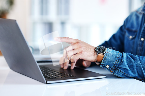 Image of Laptop, schedule and hands of a planner working on a website, project or planning a strategy for a company. Search, internet and personal assistant typing or writing a report, email and in an office