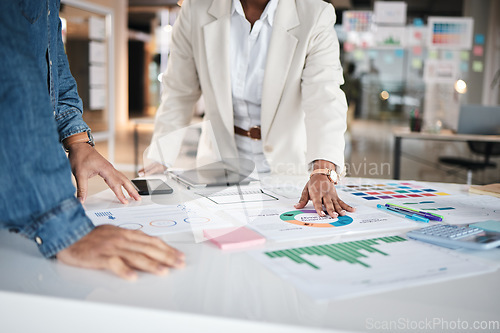 Image of Hand, business people and financial meeting in office on data, chart and statistics for budget review. Finance, analysis and advisor team with savings, graph or brainstorming problem solving solution