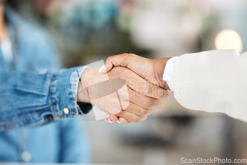 Image of Creative people, handshake and partnership in teamwork for meeting or greeting together at office. Employees shaking hands for introduction or thank you in agreement, deal or welcome team in startup