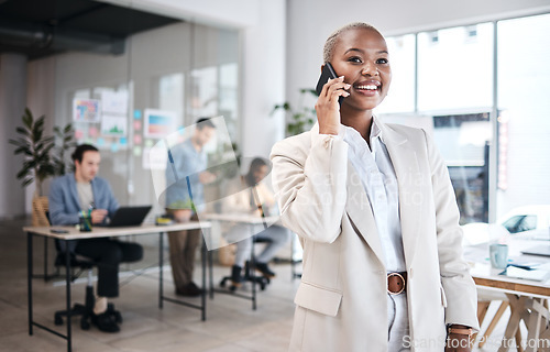 Image of Phone call, happy and black woman in office for communication, conversation or chat. Smartphone, smile and African business professional listen, talk or discussion with contact in coworking workplace