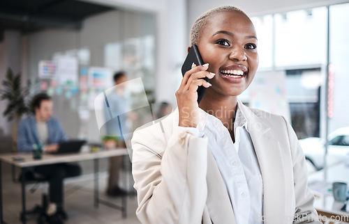 Image of Excited, phone call and black woman in office for communication, conversation or chat. Smartphone, happy and business professional listening, talking or discussion with contact in coworking workplace