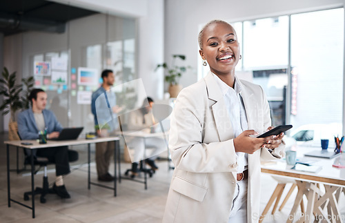 Image of Phone, accountant and portrait of black woman, happy and smile in company, business workplace or coworking. Smartphone, face of auditor and excited African professional, entrepreneur or employee.