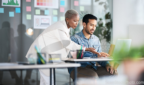 Image of Office laptop, diversity and business people reading online report, website design feedback or research project. Collaboration, staff mentor and team designer working on company homepage development