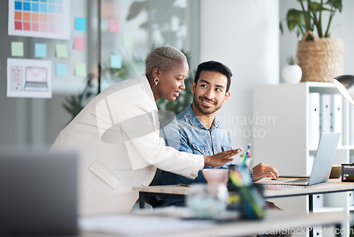 Image of Laptop, diversity partnership and happy business people review multimedia application, website design or research project. Collaboration, designer and creative team working on homepage development