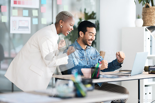 Image of Excited, laptop and happy business people celebrate news, website design achievement or company winning success. Diversity, winner or staff announcement, notification or celebration for feedback info