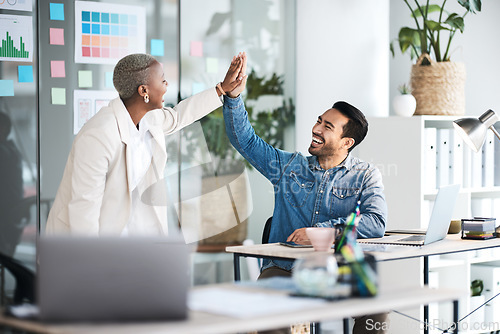 Image of High five, happiness and business people celebrate teamwork, website design achievement or company success. Office team building, happy winner and excited staff celebration for creative development