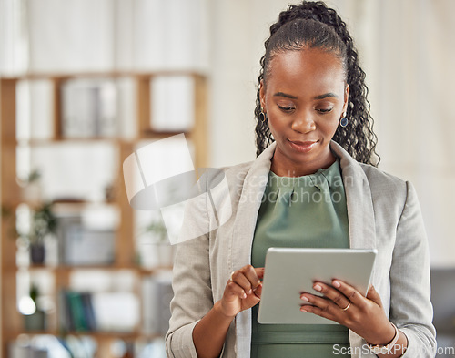 Image of Black woman, tablet and planning in office for business information, data analysis or internet research. Female employee working on digital technology for online connection, website and scroll on app