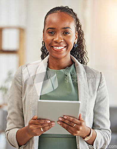 Image of Black woman, portrait and tablet in office for planning research, data analysis and business information on internet. Happy female worker with digital technology for online connection, website or app