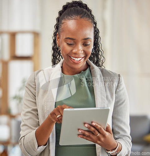 Image of Lawyer, happy or black woman with tablet in office for legal research, online app and social media. News, technology or professional African attorney reading business email, networking or internet