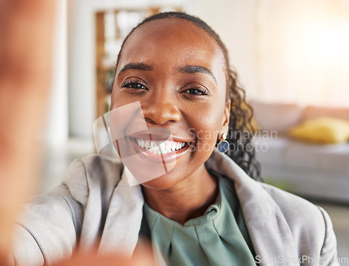 Image of Black woman, selfie and profile picture with a smile, happy self portrait or memory in corporate career. Businesswoman, face and entrepreneur with success, pride and happiness in startup office