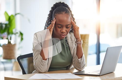 Image of Sick, headache and black woman with problem in office, pain or stress from migraine. Frustrated, fatigue and African professional with business crisis, fail emoji and debt, bankruptcy and mistake.
