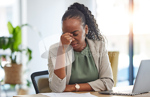 Image of Crisis, stress and black woman with problem in office, sick or headache from brain fog. Frustrated, fatigue and African professional with business fail, mistake emoji or debt, bankruptcy or tax audit