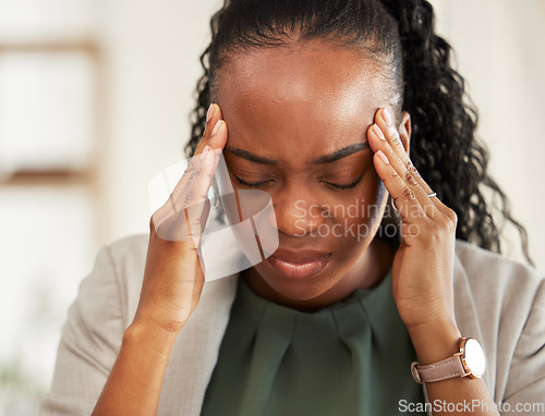 Image of Pain, headache and black woman with problem in office, sick or stress from migraine. Frustrated, fatigue and African professional with business crisis, fail emoji and debt, bankruptcy and mistake.