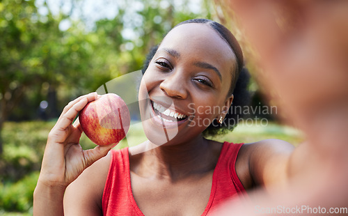 Image of Apple, selfie and healthy black woman with a fruit on a farm with fresh produce in summer and smile for wellness. Happy, nutrition and young female person on an organic food diet for self care