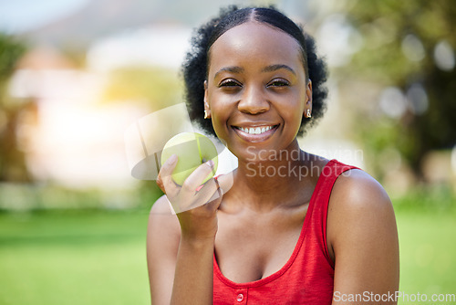 Image of Apple, health and portrait of a black woman with a fruit on a farm with fresh produce in summer and smile for wellness. Happy, nutrition and young female person on an organic diet for self care