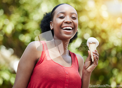 Image of Portrait, black woman and smile with ice cream cone for dessert, cool snack and sweet food outdoor in summer, nature and garden. Happy female person eating scoop of frozen vanilla gelato in park