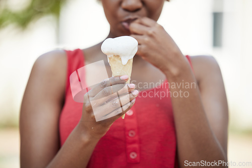 Image of Hands, woman and ice cream cone for dessert, cool snack and sweet food outdoor on holiday, vacation and travel. Closeup female person eating frozen vanilla gelato, melting and dripping summer city