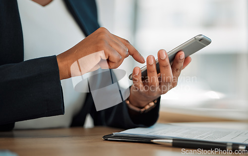 Image of Closeup, trader or hands typing on a phone for social media chat, internet post or website notification. Searching, trading news blog or worker texting on online networking mobile app in office