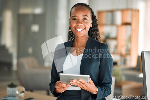 Image of Portrait, lawyer and black woman with tablet, smile and happy in office workplace. African attorney, technology and face of professional, female advocate and legal advisor from Nigeria in law firm.