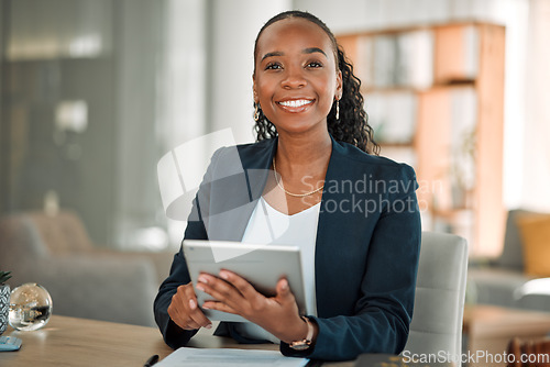 Image of Lawyer, portrait and black woman with tablet in office for research, email and smile. African attorney, technology and face of happy professional, advocate and legal advisor from Nigeria in law firm.