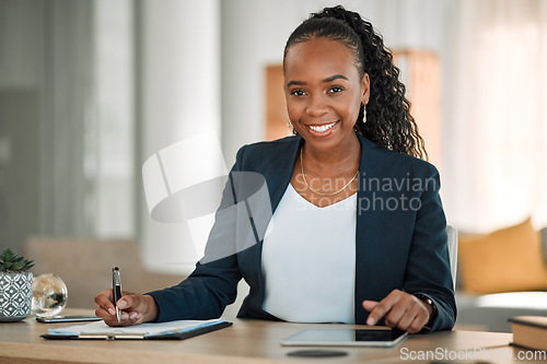 Image of Writing, tablet and business woman in portrait for financial accounting, taxes management and audit report or checklist. Professional African person or accountant on clipboard and digital technology